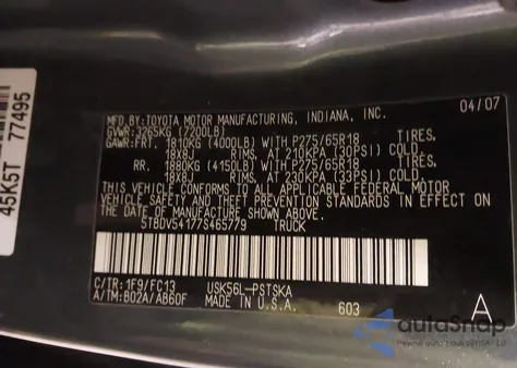 2007 Toyota Tundra Sr5 5.7L V8 из США, поврежденный, VIN 5TBDV54177S465779